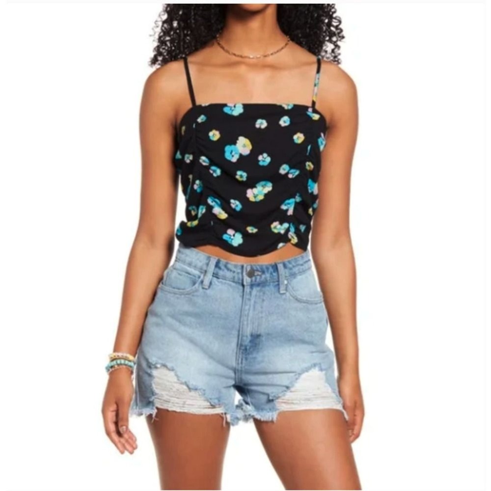 Nordstrom BP. Women's Ruched Crop Camisole‎ In Black Floral Size XS